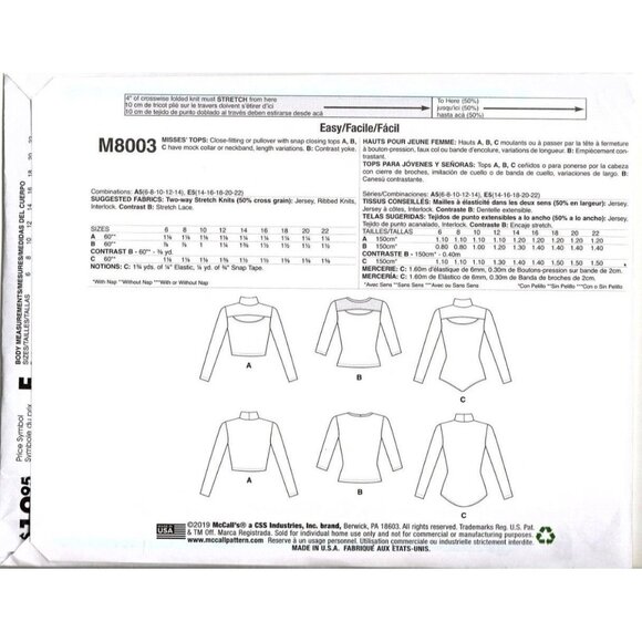 McCall's M8003 Misses 14 to 22 Cutout Tops and Bodysuit Uncut Sewing Pattern New - Picture 2 of 2